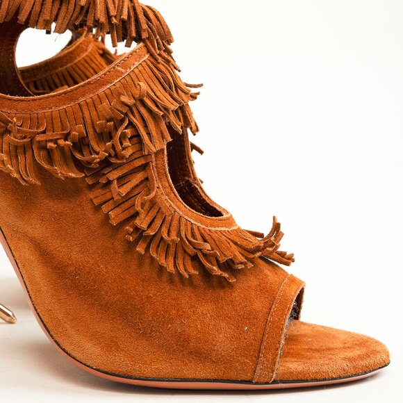 Aquazurra Brown Suede Sexy Fringe Heeled Sandals - Picture 7 of 9